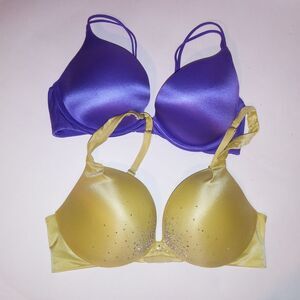 Set of 2 Victoria Secret Bra 32D Push Up Yellow Purple Solid Bling Very Sexy Plu